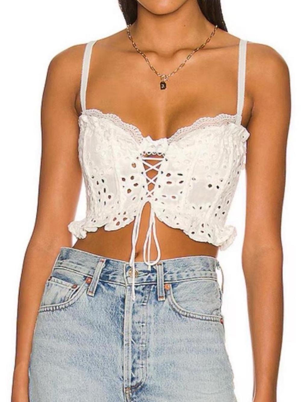For Love & Lemons White Eyelet Lace-Up Cropped Tank